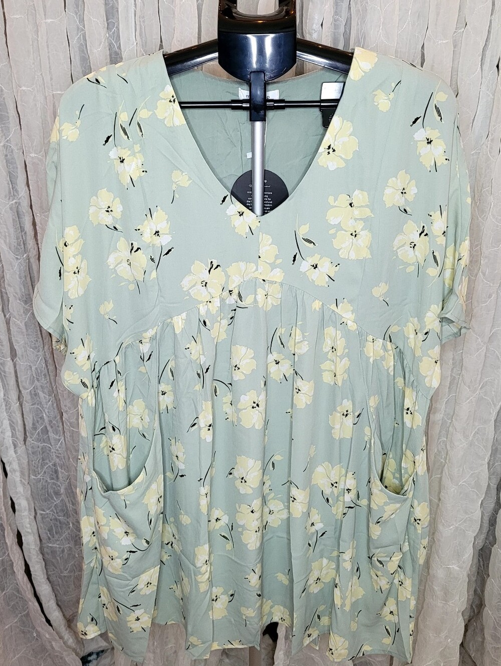 ​Mittoshop Sage Green Yellow Cream Floral Dress with Pockets Lined Size L